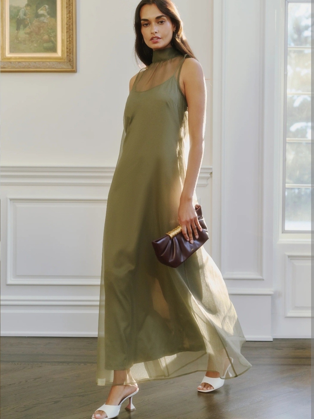 Caara Olive High-Neck Sheer Maxi Dress